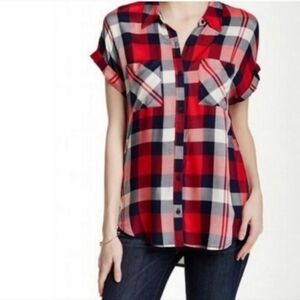 Como Vintage Sleeveless Red White Blue Flannel Plaid Soft Button Down Vest Top